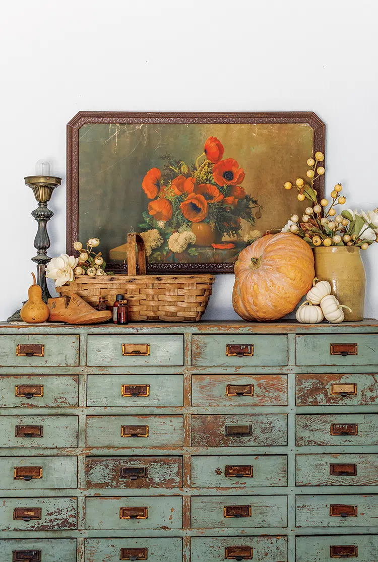 distressed drawers flower painting, pumpkins and gourds for fall vignette in Florida home