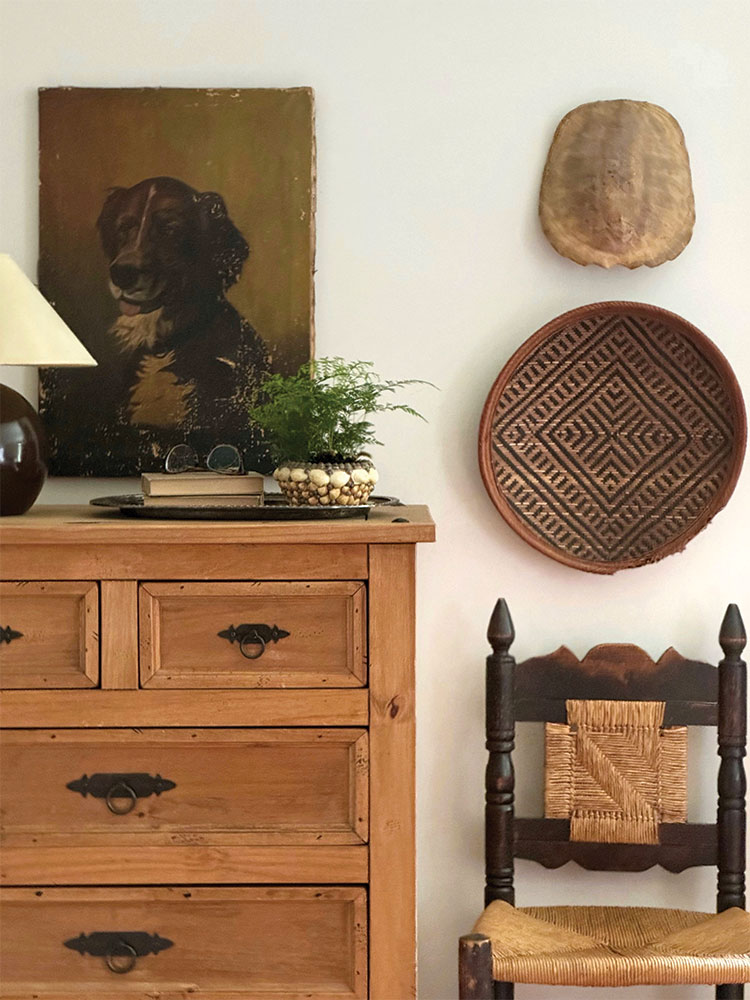 dog portrait and tortoise shell and woven basket are decor in bedroom