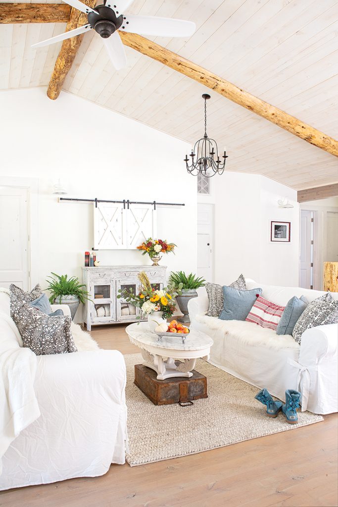 white living room with metal chandelier and barn door style wall decor