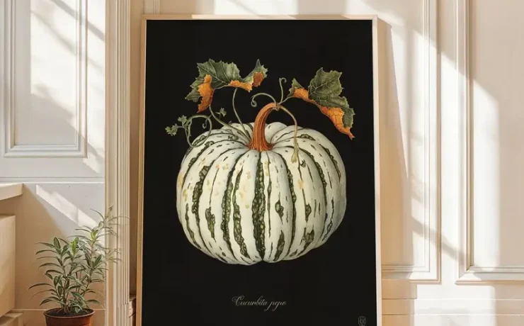 fall pumpkin botanical print on black background for rustic fall decor