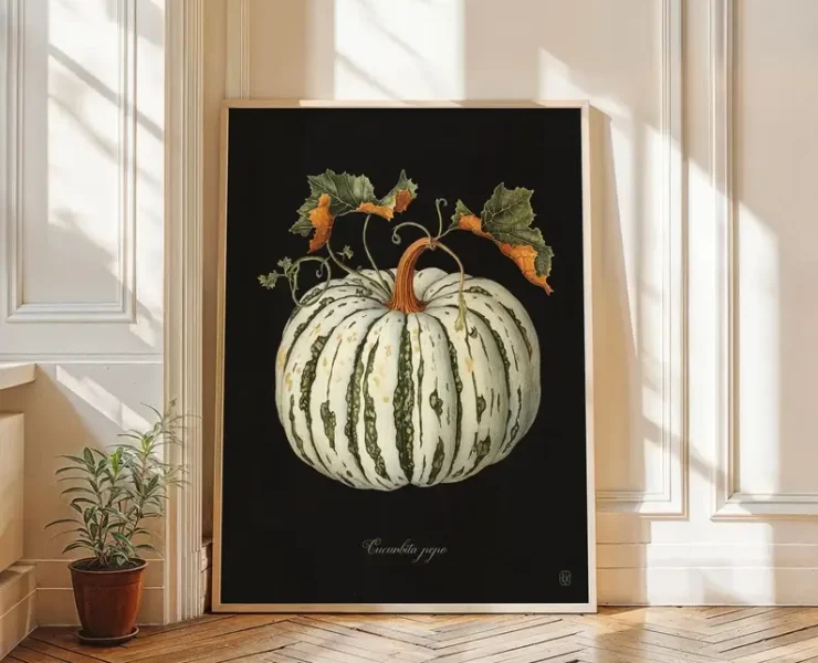 fall pumpkin botanical print on black background for rustic fall decor