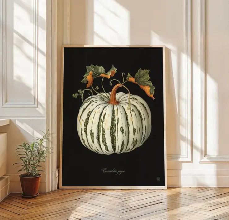 fall pumpkin botanical print on black background for rustic fall decor