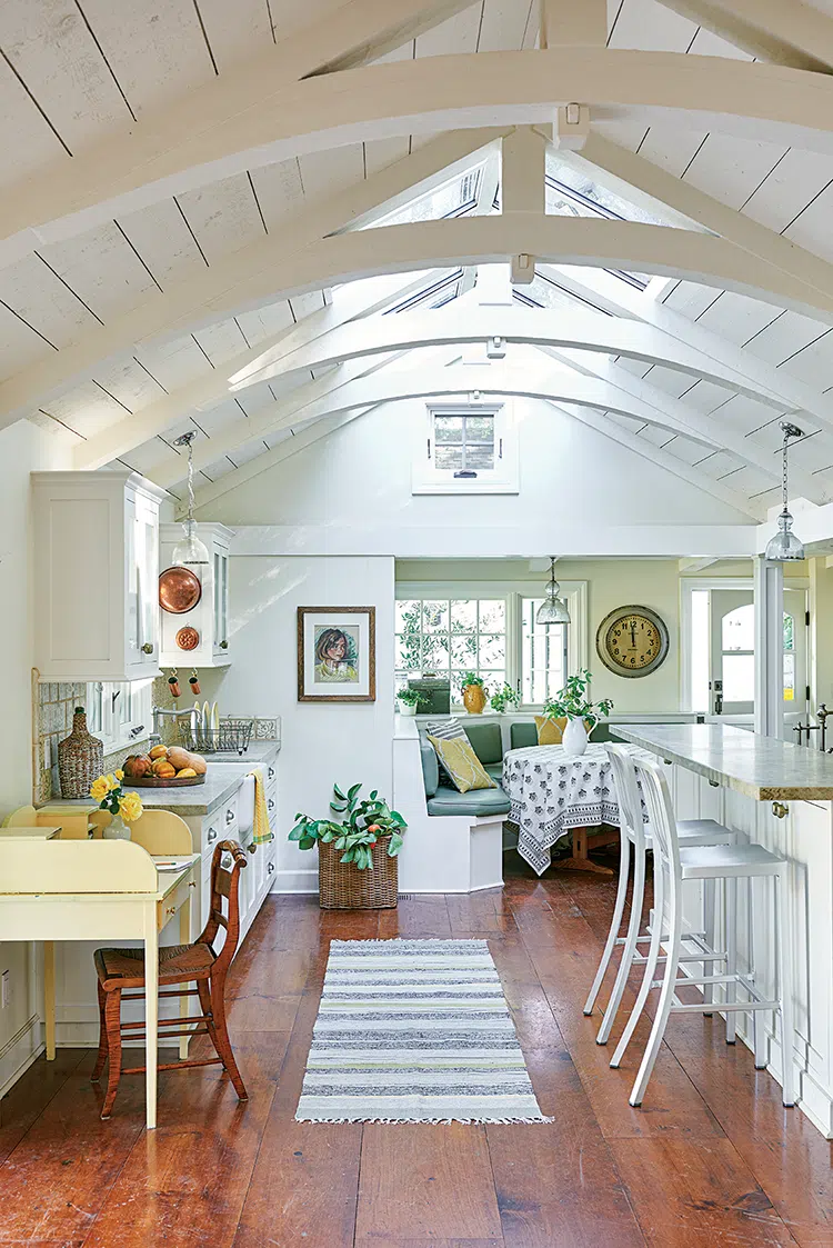 breakfast room with banquette and additional counter space for food preparation in authentic farmhouse in Ojai