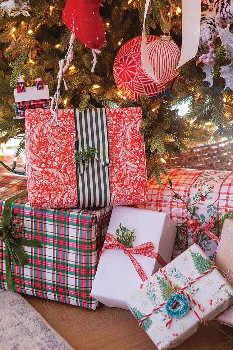 red green and white paper under tree in home with vintage touches