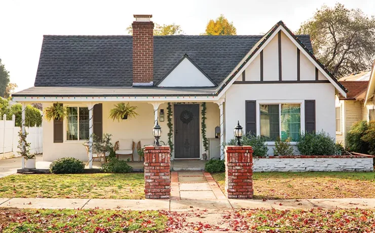 exterior front view of vintage Christmas cottage in Los Angeles