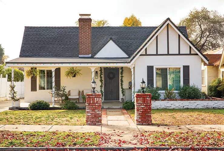 exterior front view of vintage Christmas cottage in Los Angeles