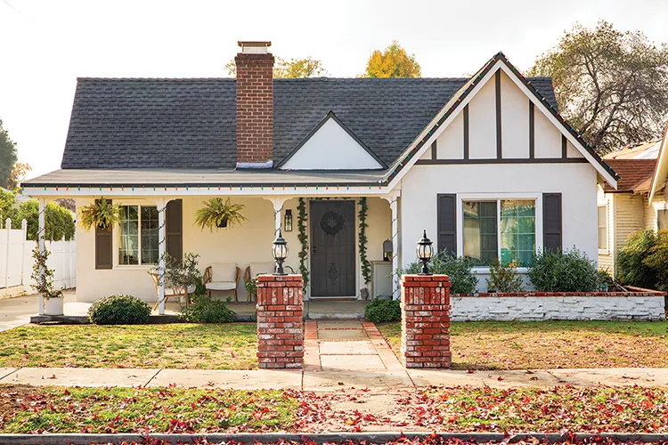 exterior front view of vintage Christmas cottage in Los Angeles