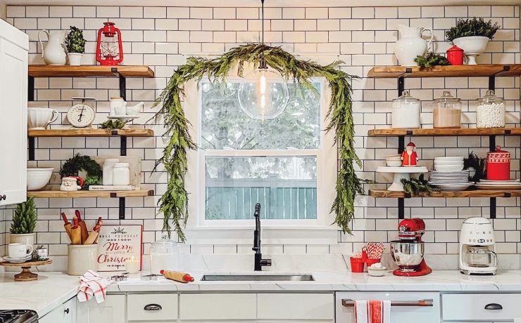 kitchen decorated for Christmas