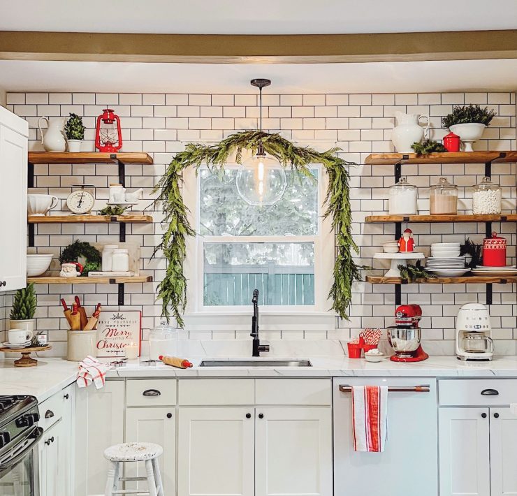 kitchen decorated for Christmas