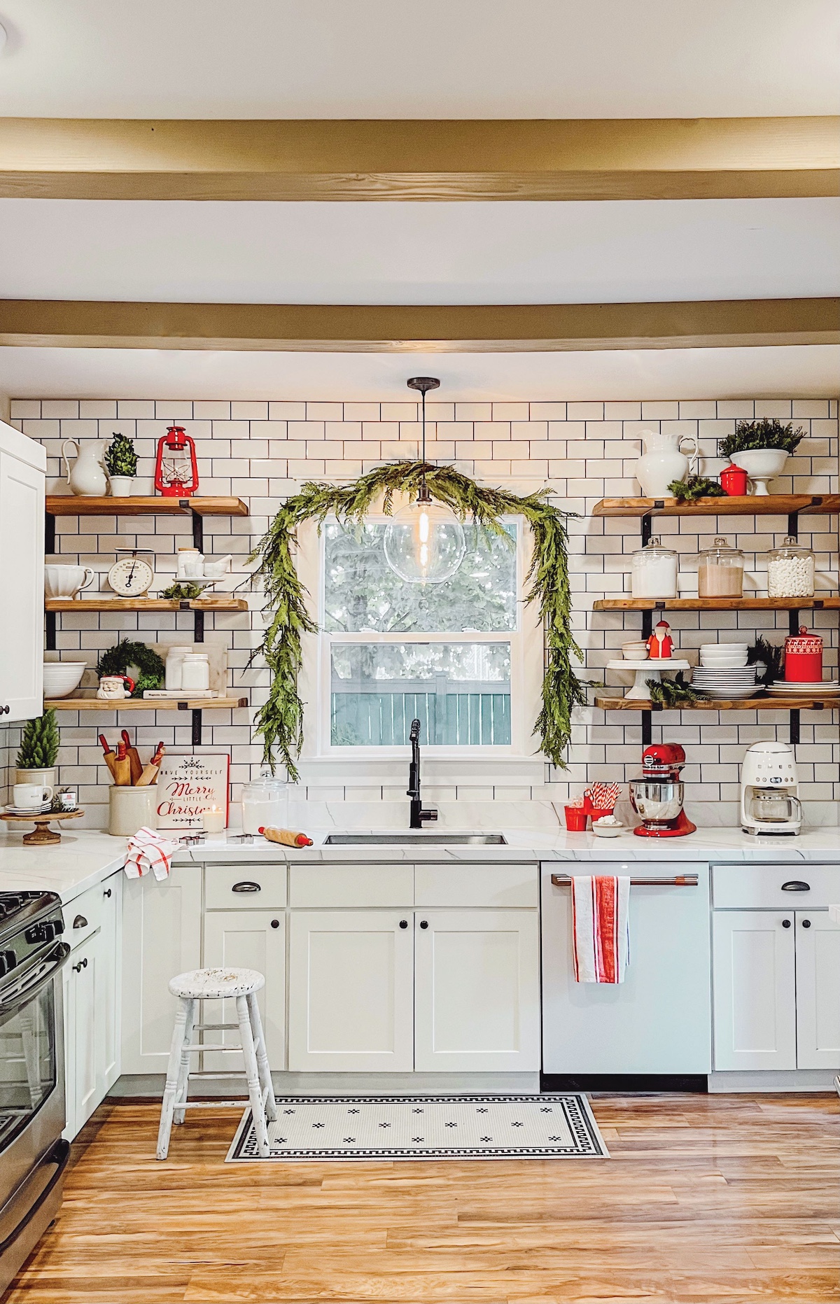 kitchen decorated for Christmas