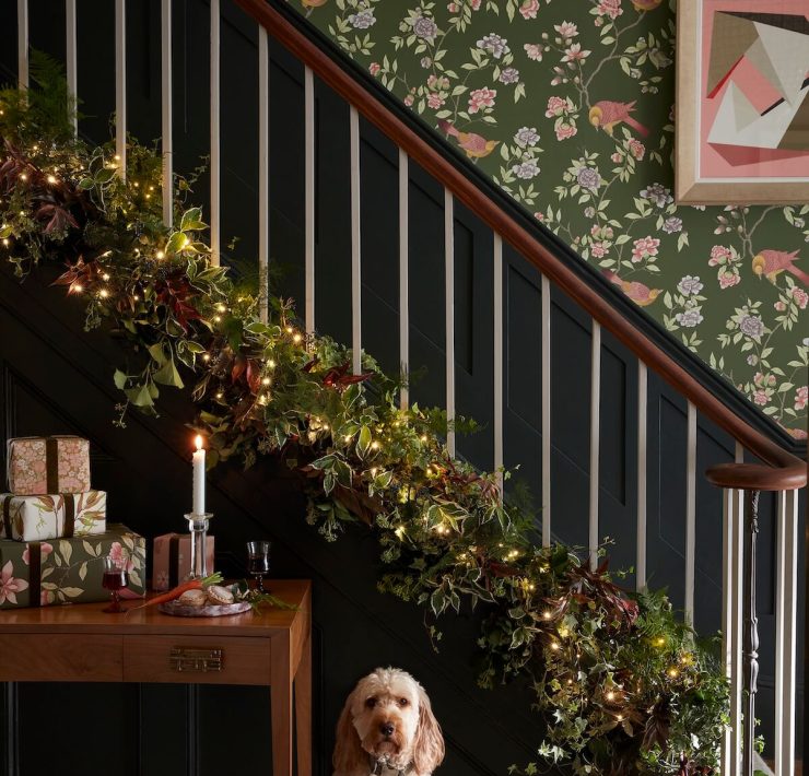 presents wrapped in extra wallpaper in home with dog