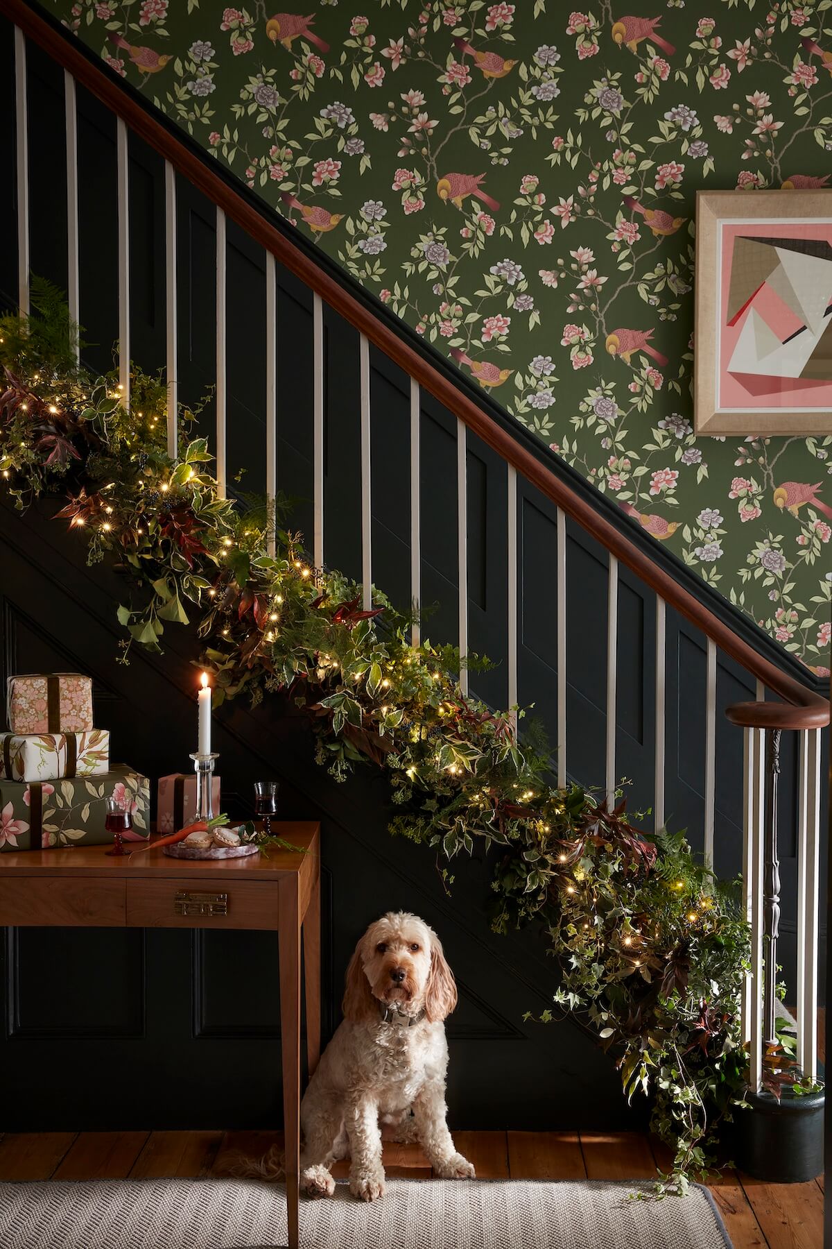 presents wrapped in extra wallpaper in home with dog