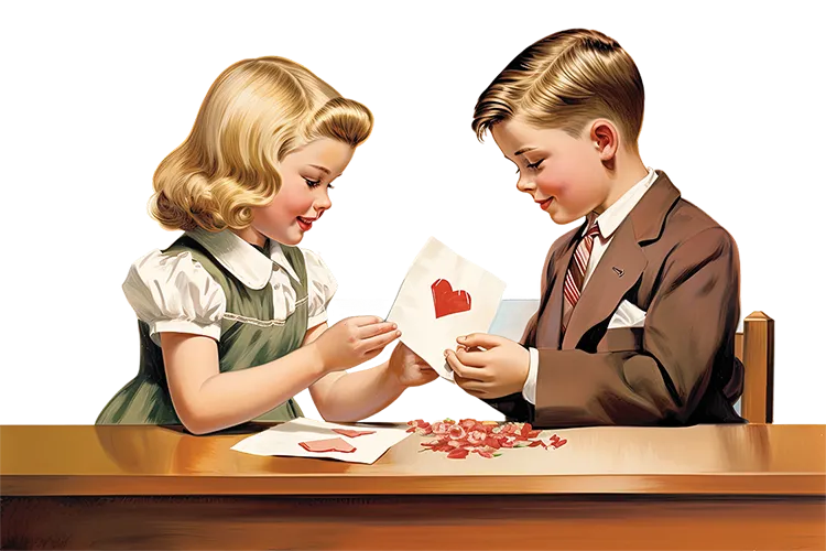 vintage scene with two blonde kids exchanging handmade Valentines