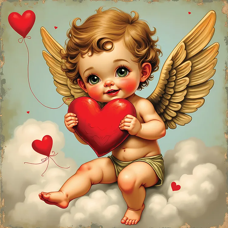 vintage Valentine with cherub holding a heart