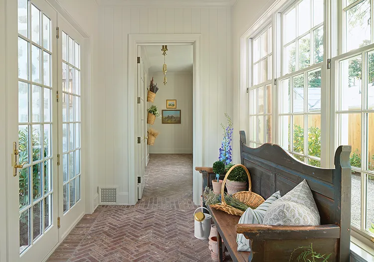 herringbone brick floors and gardenalia in Project House Utah