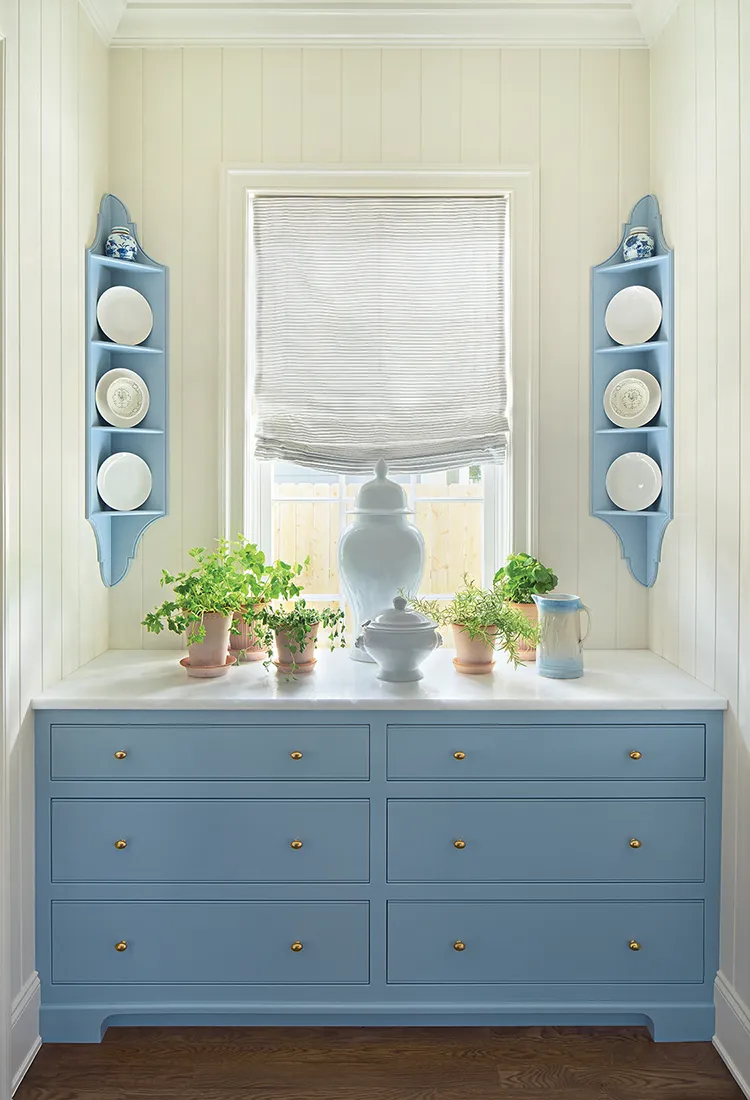 powder blue cabinetry in nook of final Project House Utah