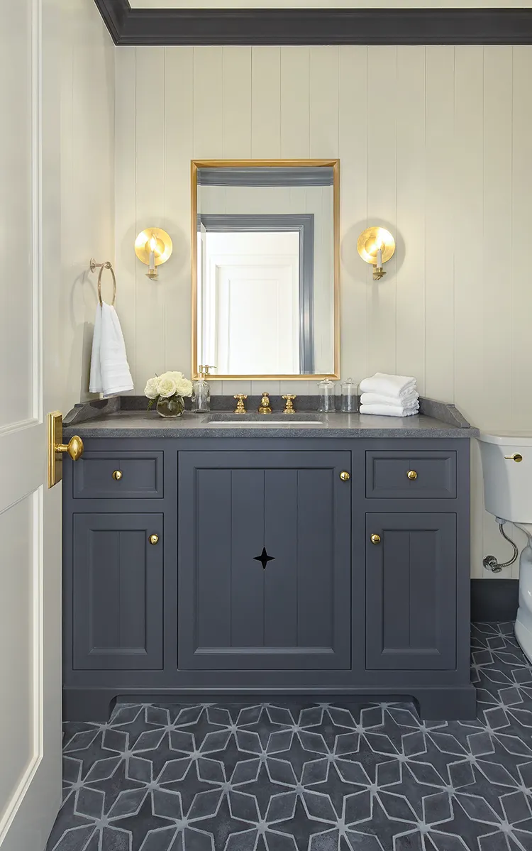 black and white tile in bathroom floor of final Project House Utah