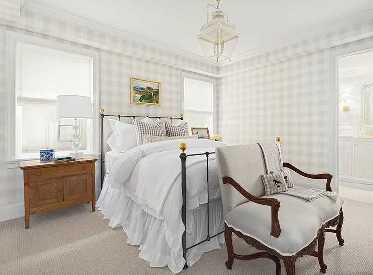 vintage style bed and gray and white gingham pattern in Project House Utah