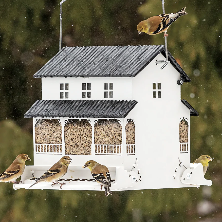 bird feeder shaped like traditional farmhouse