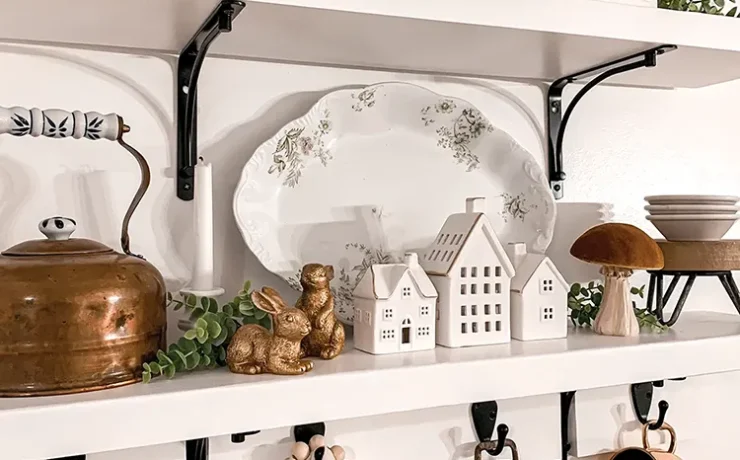 kitchen close up of exposed kitchen shelves with copper and white kitchenalia