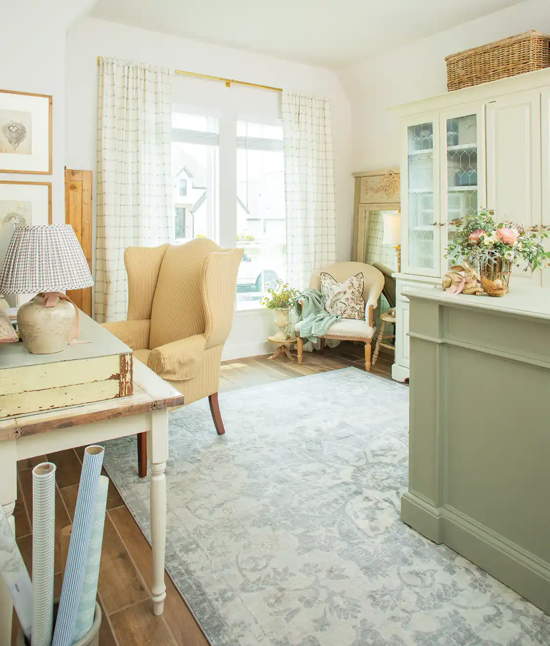 yellow wingback chair in living room with French country spring decor