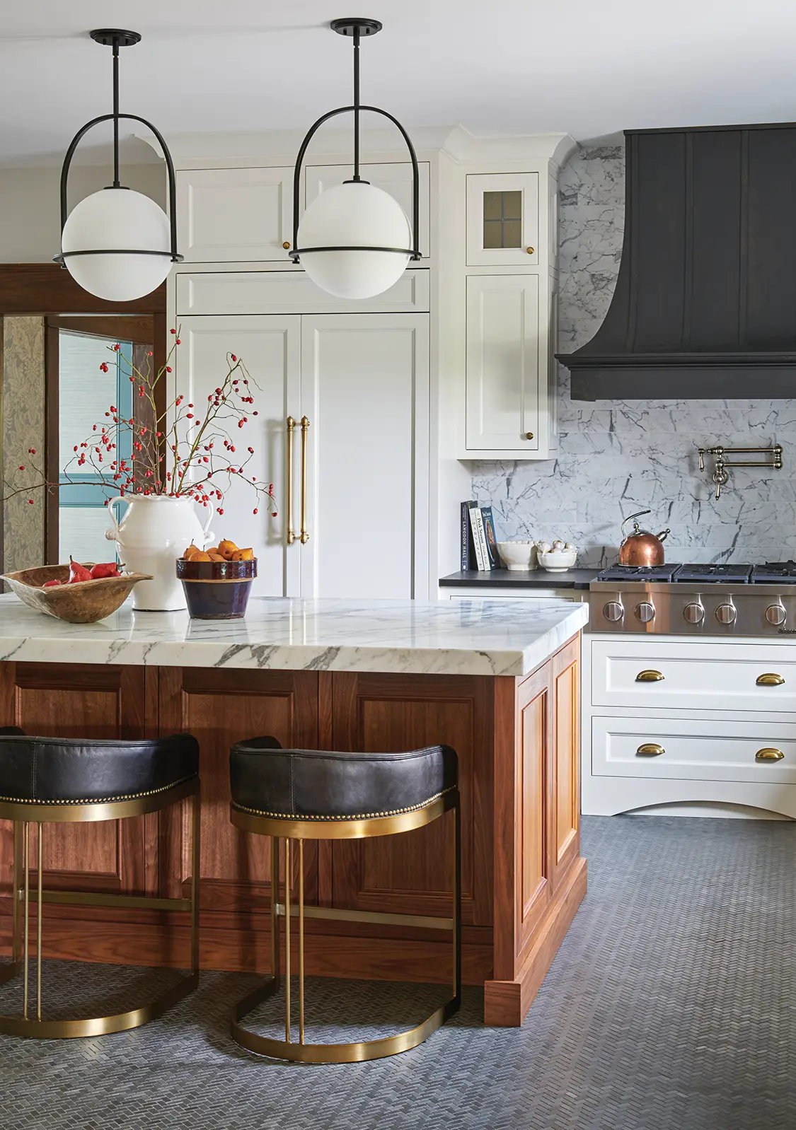 renovated black and white kitchen in Craftsman Victorian farmhouse