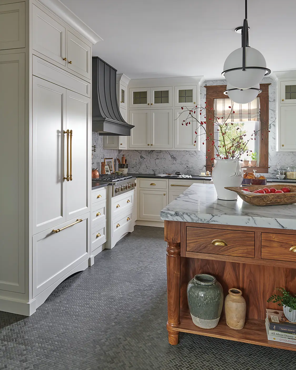 side view of renovated black and white kitchen in Craftsman Victorian