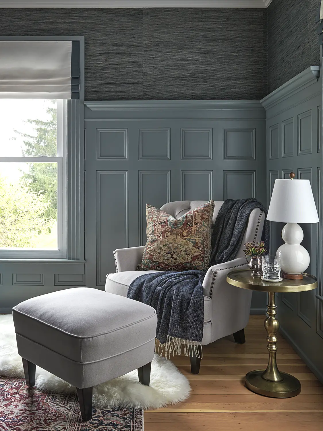 grasscloth wallpaper and coffered blue-gray wall in Craftsman Victorian farmhouse