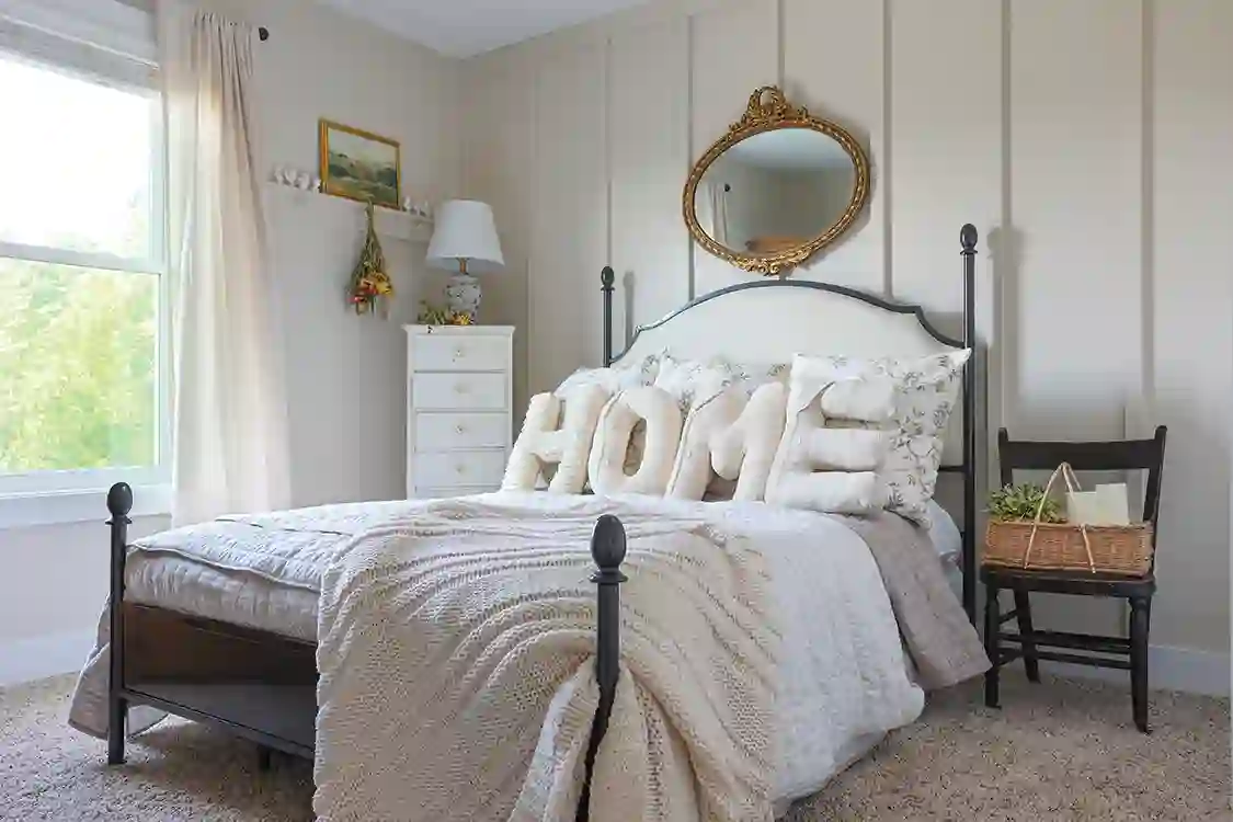 guest bedroom with full wainscoting