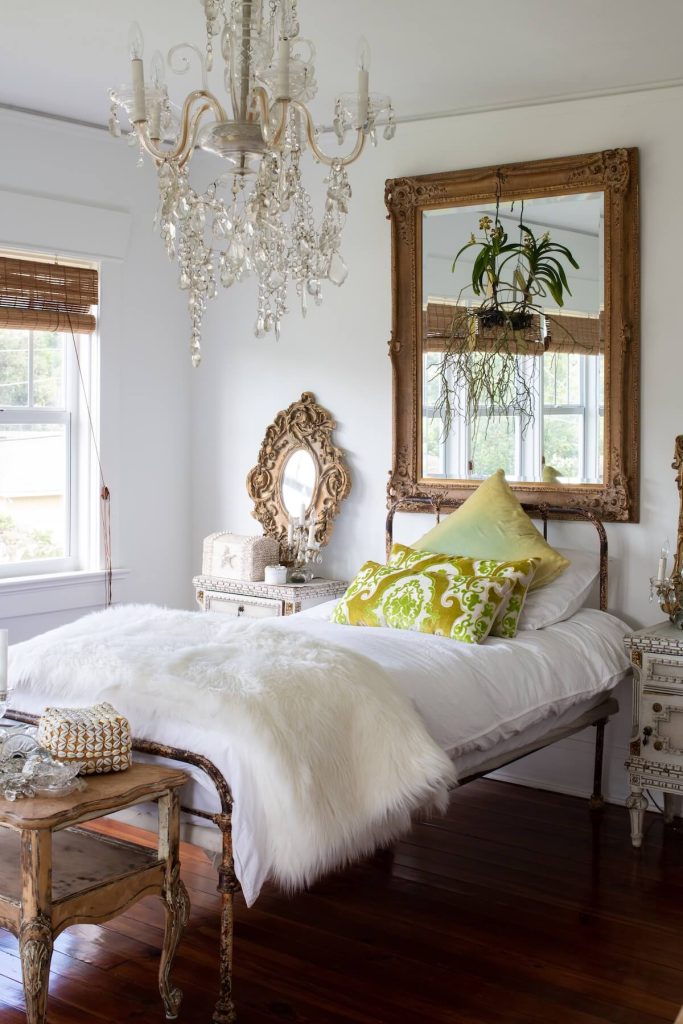 bedroom with hanging planted and vintage and antique furniture