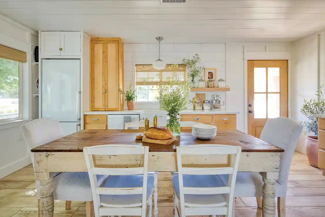dining table and kitchen counter in small Northern California house