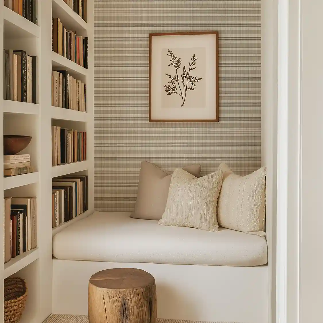 built in reading nook with striped sand wallpaper