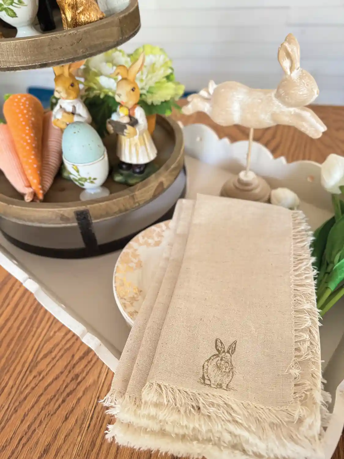 hand stamped linens as part of spring vignette