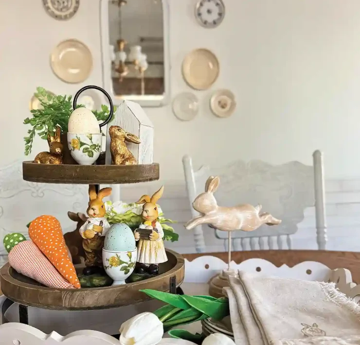 spring vignette with tiered tray