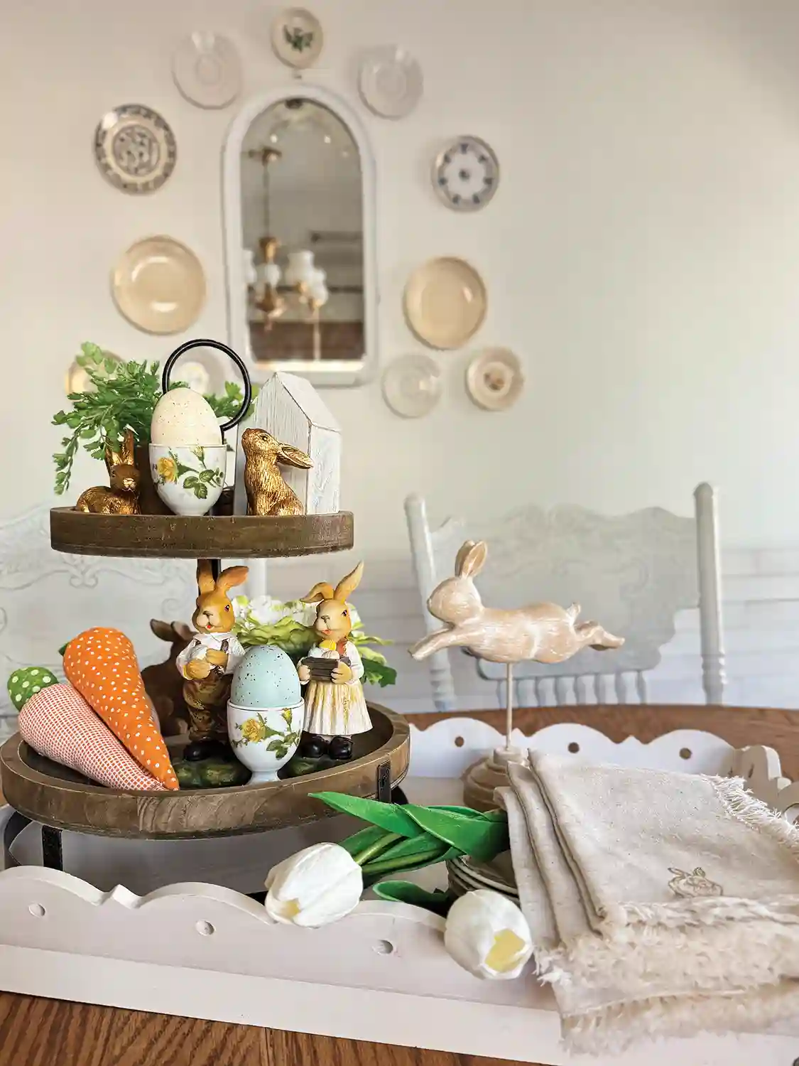 spring vignette with tiered tray