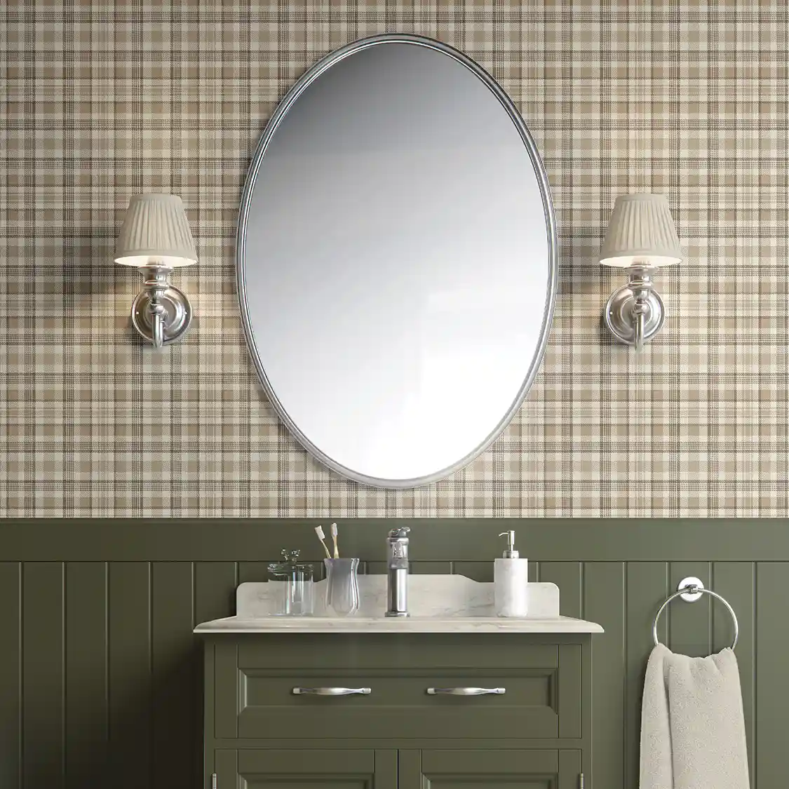 tonal plaid wallpaper on half wall in bathroom